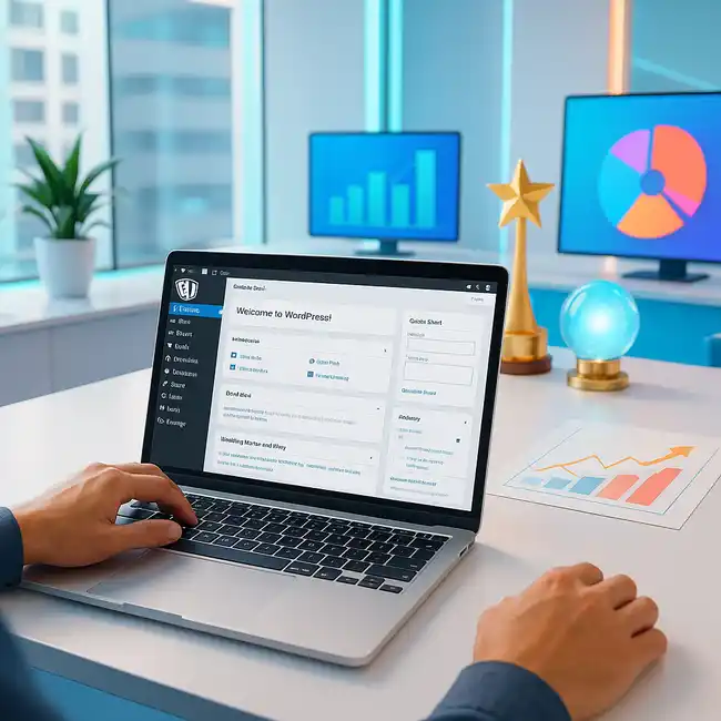 Immagine che mostra una persona che lavora professionalmente su un laptop con l'interfaccia di WordPress in un ambiente di lavoro moderno del 2025, perfetta per rappresentare l'aspetto pratico dell'avvio di un blog.