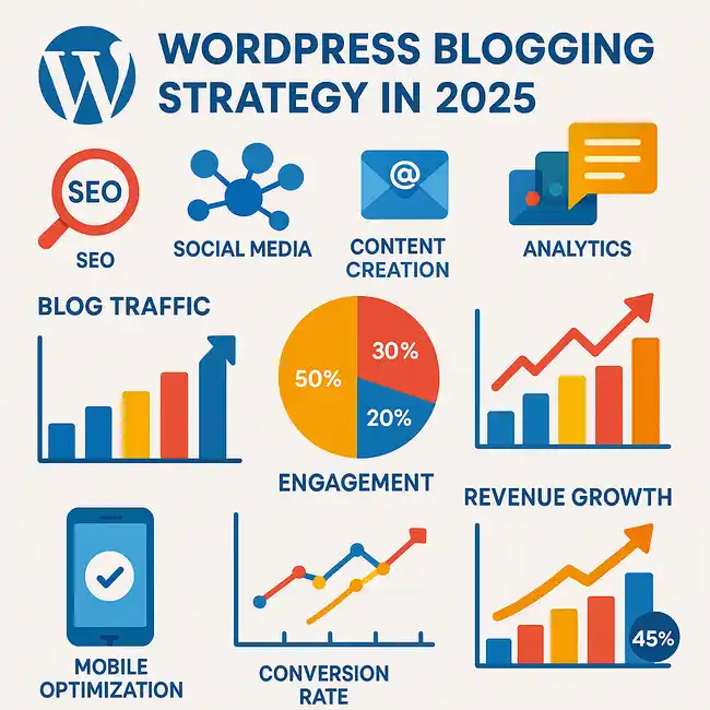 Infografica strategica che illustra metriche di successo, grafici e elementi di marketing digitale specifici per il blogging WordPress